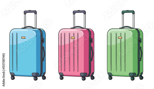 Vector set cartoon flat illustration of colorful suitcases isolated on white background. Blue, pink and green luggage travel bags with wheels. Modern polycarbonate suitcases for design, flyer, card.