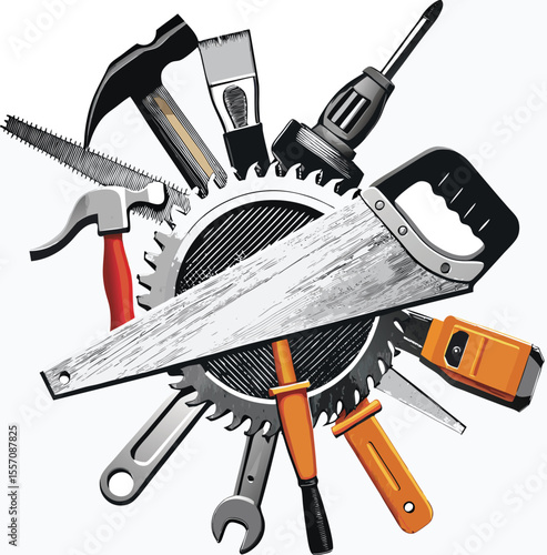 Hand Tools Arranged Around Circular Saw Blade Grey Black Orange Red vector