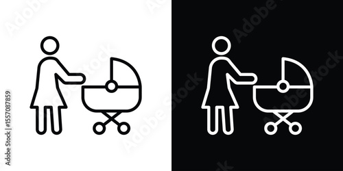 Woman with Baby Stroller icon vector graphics in strokes