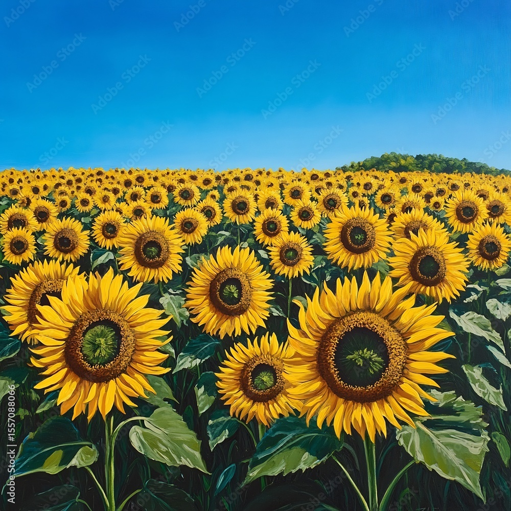 Obraz premium Field of Sunflowers Swaying Under a Clear Blue Sky – Vibrant Summer Scene Capturing Golden Blossoms, Gentle Breeze, and Serene Natural Atmosphere for Seasonal Decor, Nature Art, and Landscape Themes