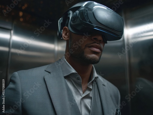 VR Businessman in Elevator: A serious businessman wearing a VR headset stands in a sleek, modern elevator, contemplating the future of technology and business.  