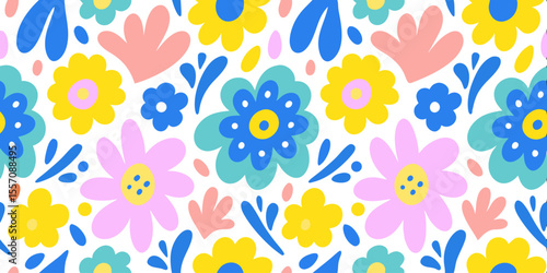 Floral Fiesta: A vibrant pattern of whimsical flowers in a colorful and eye-catching display, with cheerful hues and artful design.