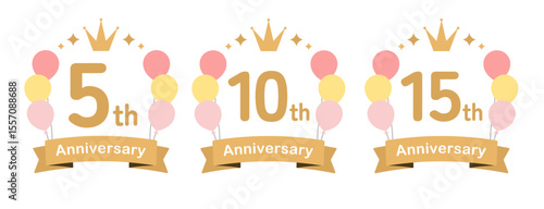 風船のかわいいアニバーサリーロゴセット（ベクター 周年記念 お祝い ロゴ イラスト 5周年 10周年 15周年）
