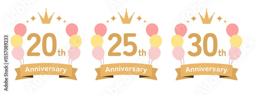 風船のかわいいアニバーサリーロゴセット（ベクター 周年記念 お祝い ロゴ イラスト 20周年 25周年 30周年）

