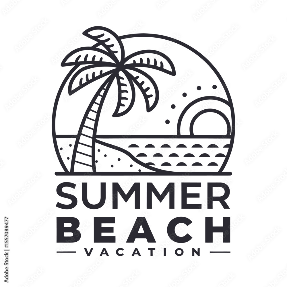 Naklejka premium Tropical Beach Scene Outline Icon - Summer Sunset & Vacation Symbol