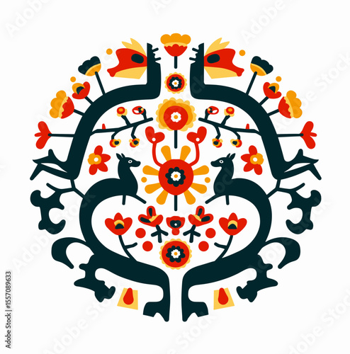 Colorful folk art design featuring animals and flowers in a circular pattern