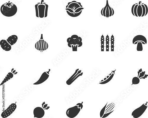 Vector set of vegetables flat icons. Contains icons tomato, pepper, cucumber, potato, carrot, cabbage, zucchini, pumpkin and more. Pixel perfect.