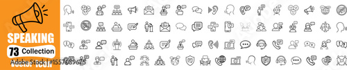 Speaking line editable 73 icon set. Communication icons collection. It contains discussion, speech bubbles, talking, consultation, conversation, and more. vector illustration.
