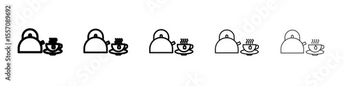 Teapot with teabag on cup icon vector outline symbol or illustration