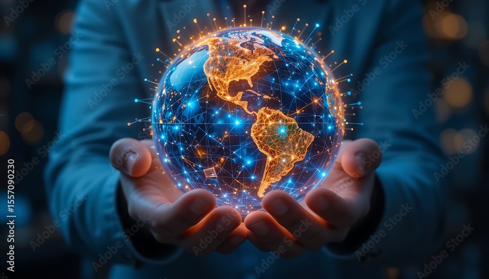 Fototapeta premium Futuristic Digital Globe in Hands with Network Connections and Glowing Technology Elements