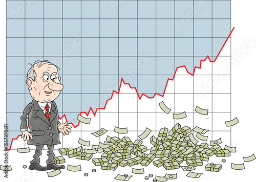 Lucky businessman enjoying his rising chart of profit and growing heap of money, vector cartoon illustration on a white background
