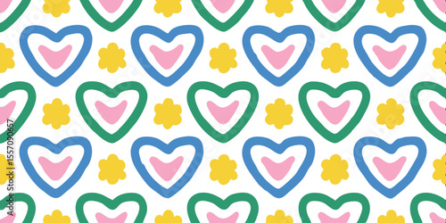 Vibrant Heart Pattern: A lively and cheerful repeating pattern of hearts and flower-like shapes in a variety of bright, saturated colors, perfect for adding a touch of joy to any creative project.