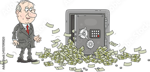 Lucky businessman with an open safe full of money enjoying his profit from a good deal, vector cartoon illustration on a white background