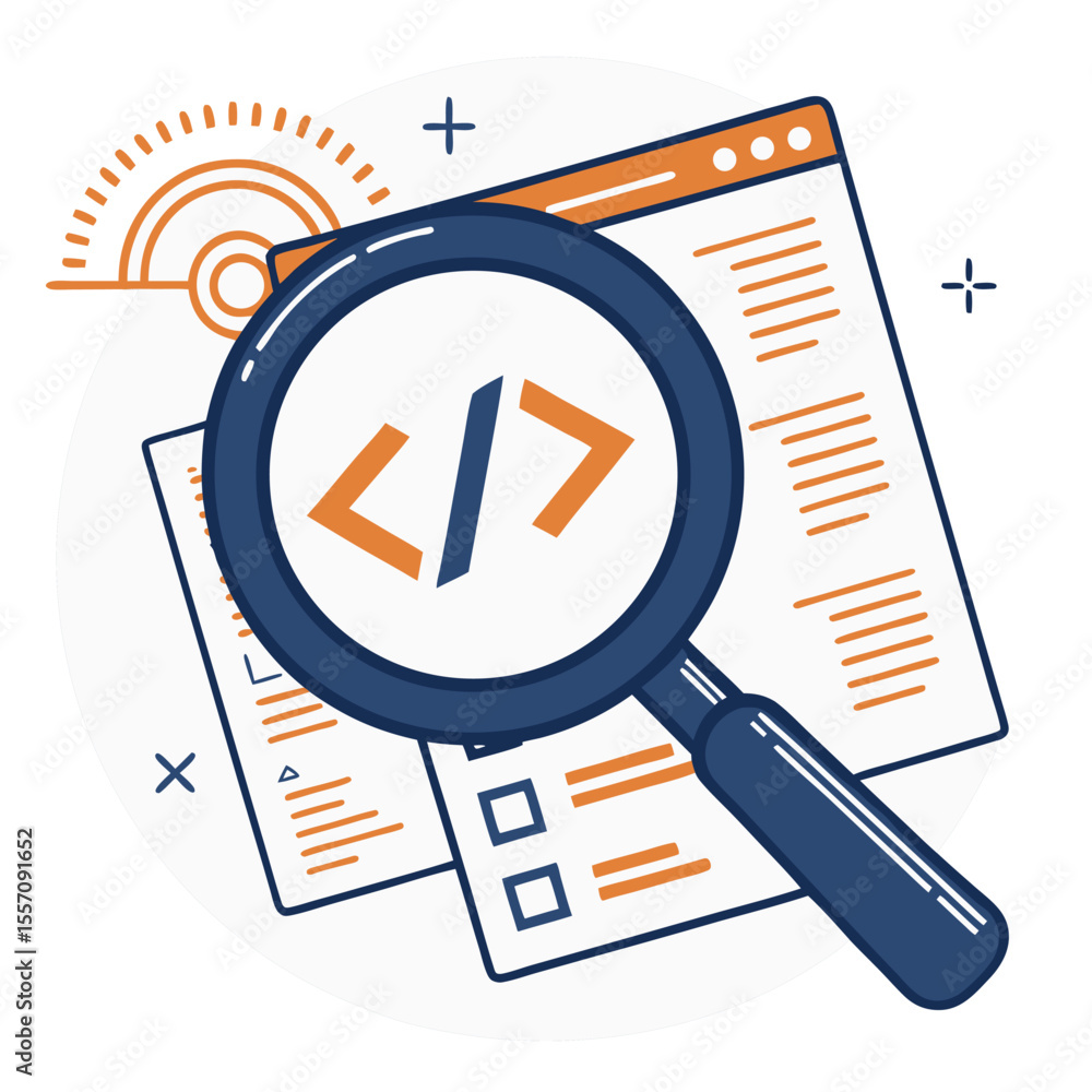A magnifying glass hovers over glowing code brackets, representing software development or inspection. A magnifying glass hovers over glowing code brackets, representing software development or inspection.