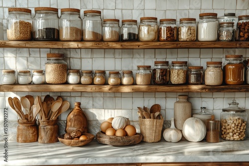 Wallpaper Mural Pantry shelves hold jars of grains nuts  seasonings atop marble counters with wooden utensils fruit garlic  wooden bowls Torontodigital.ca