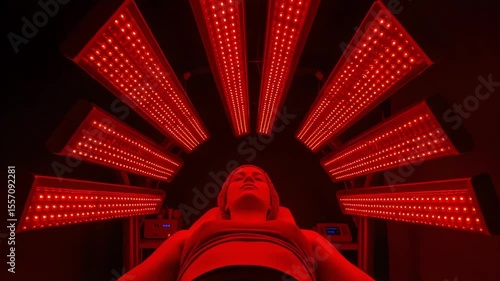 A person undergoing red light therapy in a wellness center, surrounded by glowing panels, promoting relaxation and rejuvenation