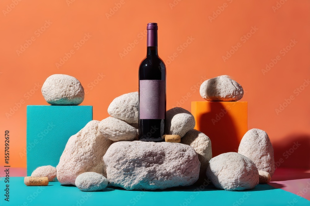 Naklejka premium A stylish promotional photo of an expensive wine in a bottle among the stones. A bottle of wine on the pedestal or podium in trendy colors and shad