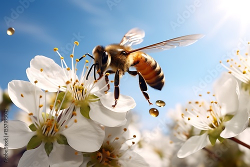 Close up of a bee collecting nectar from a white blossom on a clear blue sky