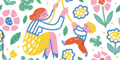 Playful Moments: A mother and child share a joyful moment in a whimsical illustration. The image depicts a vibrant scene of a mother and child playing happily together.
