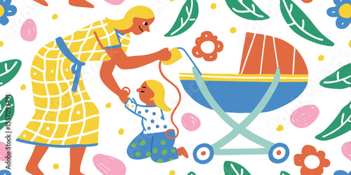 Mother and Child in Blooming Garden: A heartwarming illustration captures a mother tending to her child while tending to a stroller in a vibrant, blossoming garden.