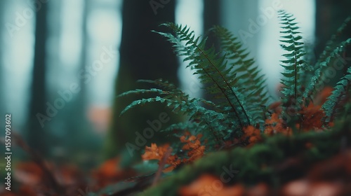 Fern fronds with water droplets and orange leaves on mossy ground against blurry trees in a forest setting during