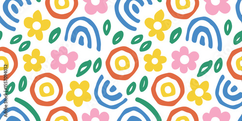 Happy Bloom Seamless Pattern: A cheerful and vibrant seamless pattern featuring hand-drawn flowers, rainbows, and leaves in a playful, retro style. Perfect for textile prints, wallpapers, and more. 
