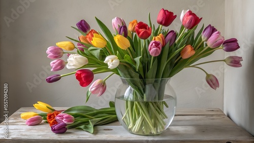 Wallpaper Mural A stunning bouquet of vibrant tulips stands proudly in a large, crystal-clear glass vase. Torontodigital.ca