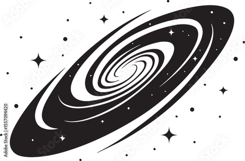Black silhouette of a spiral galaxy icon in minimal flat vector style, cosmic swirl design representing space, universe, and astronomy, isolated PNG graphic on white background

