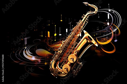 Golden saxophone with abstract musical notes and swirling lines on black background