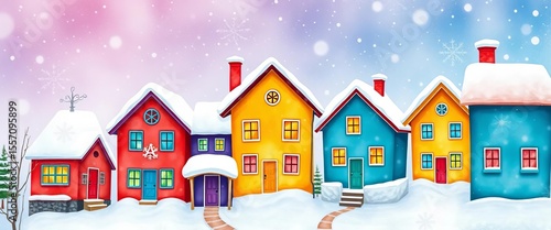 Whimsical snow-covered colorful houses, watercolor style, falling snowflakes, charming, background