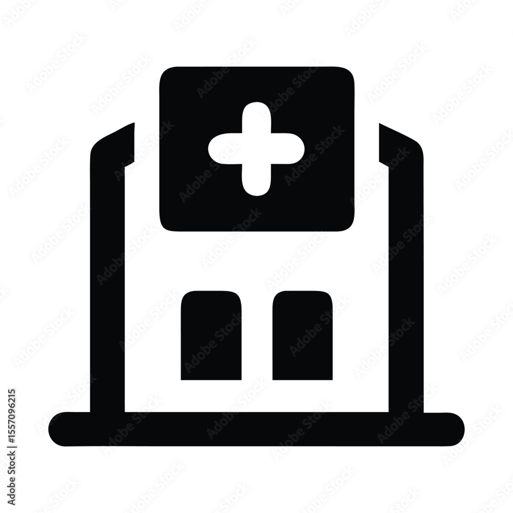 Obraz premium Simple Black Silhouette of a Hospital Building with Windows and a Cross Symbol on Top Providing Healthcare and Emergency Services