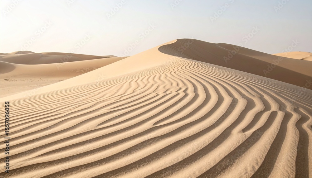 Naklejka premium Rippled Sand Dunes with Concentric Wind Patterns. Close-up of desert dunes with natural ripple patterns in fine sand under soft sunlight. Minimalist and calming earth tone scene.