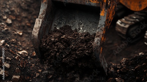 Wallpaper Mural Close-up View of Excavator Bucket Filled with Dirt, Ideal for Branding on the Right Side Torontodigital.ca