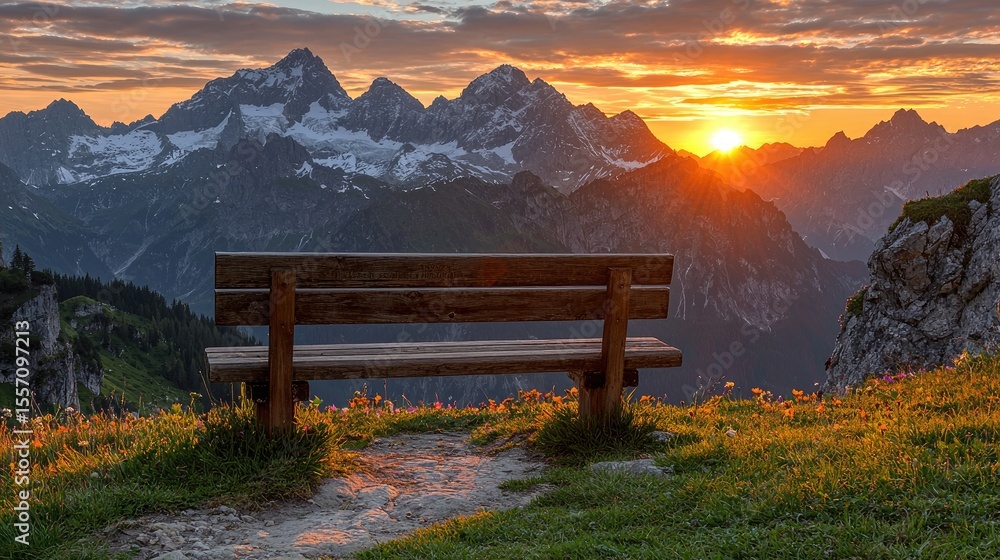 Wooden park bench overlooking majestic mountains at sunrise. Wooden park bench overlooking majestic mountains at sunrise.