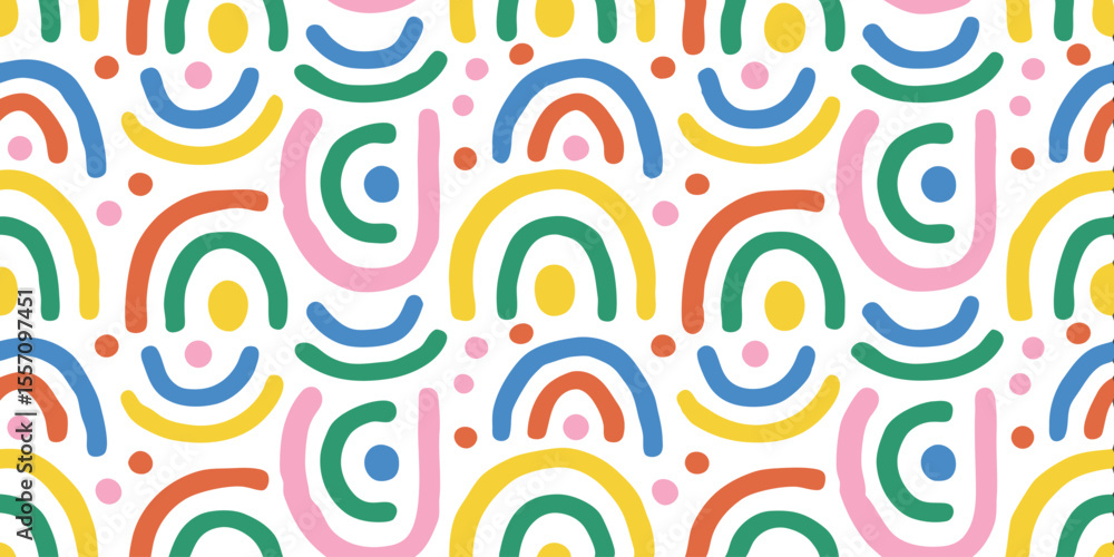 Fototapeta premium Rainbows of Joy: A vibrant pattern of stylized rainbow arches, each in a different hue, creating a joyful and whimsical repeat design, evoking feelings of happiness, fun, and positivity.