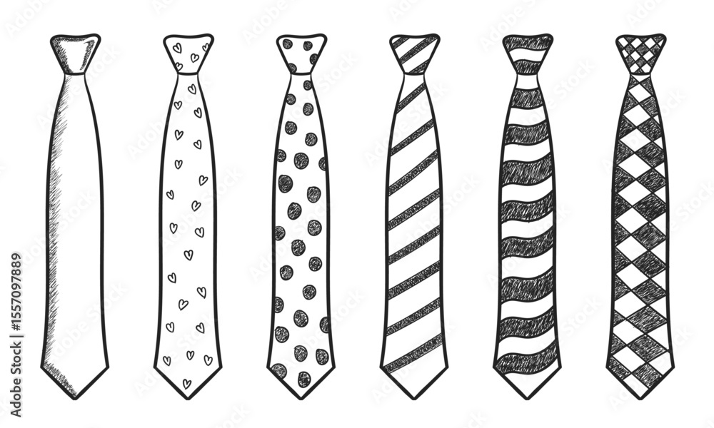 Black Doodle Tie Set with Heart, Dotted, Line, Wave, and Diamond Patterns on Transparent Background for Fashion Illustration, School Project, or Clothing Design