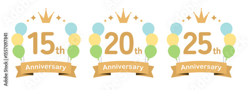 風船のかわいいアニバーサリーロゴのセット（ベクター 周年記念 お祝い ロゴ イラスト  15周年 20周年 25周年 ）