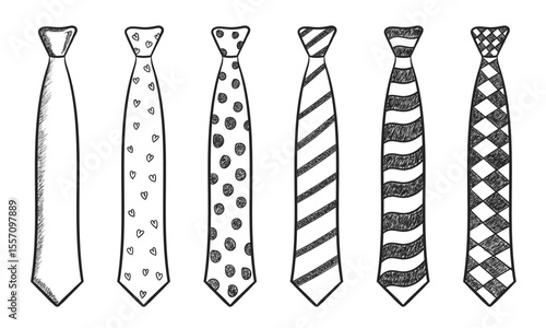 Black Doodle Tie Set with Heart, Dotted, Line, Wave, and Diamond Patterns on Transparent Background for Fashion Illustration, School Project, or Clothing Design