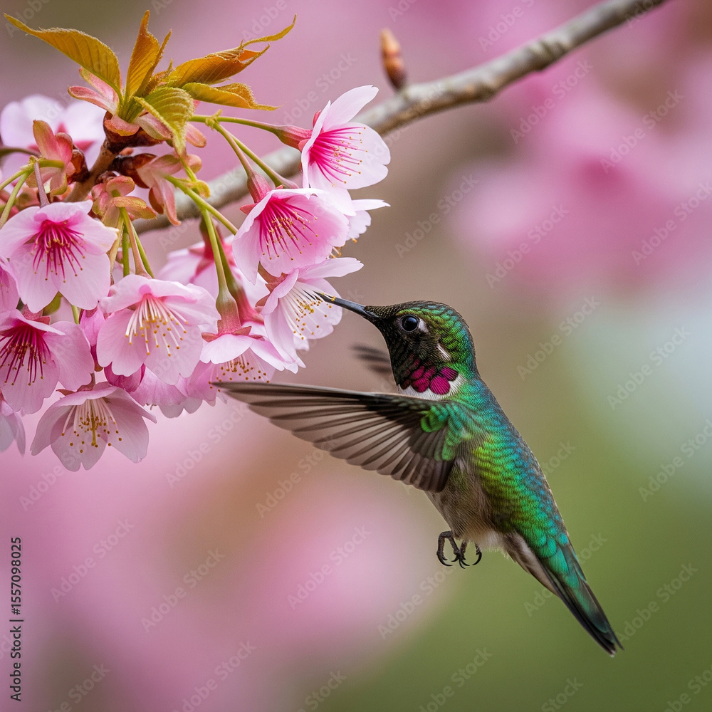 Fototapeta premium closeup of hummingbird on flower. Hummingbird feeding on pink blossoms. bird flying over flower.