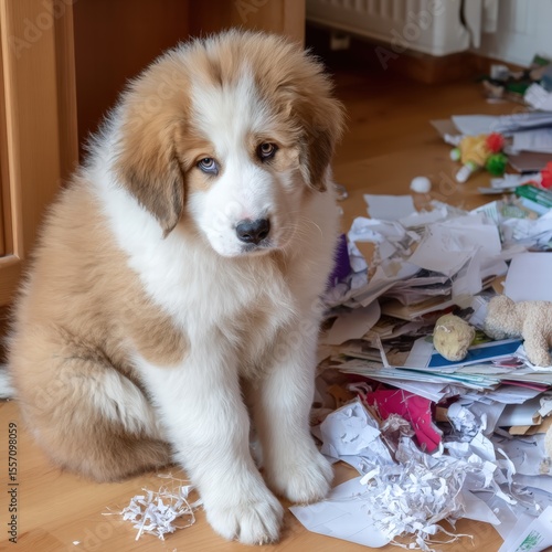 Playful puppy creates a chaotic mess in a cozy living room after shredding paper and toys, looking slightly guilty and very adorable now.
