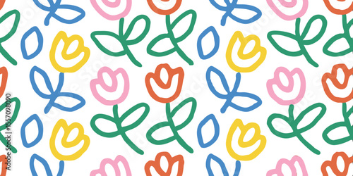 Colorful Floral Pattern: A cheerful, vibrant pattern of hand-drawn flowers and leaves, bursting with a palette of bright, bold colors. Capturing freshness and playfulness.
