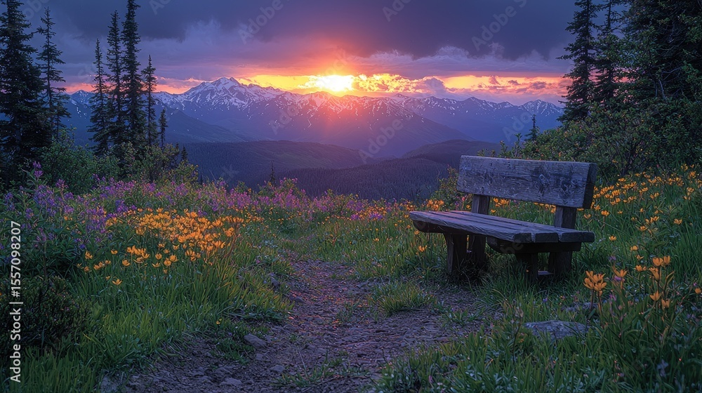 Obraz premium Wooden park bench at sunset overlooking a mountain vista.