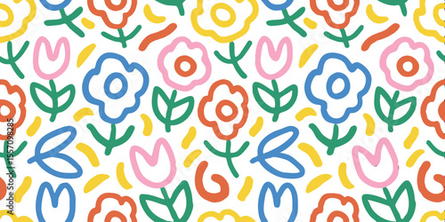 Floral Fantasia: a vibrant pattern showcasing hand-drawn flowers and leaf outlines, rendered in cheerful primary and secondary colors. The design creates a lively and cheerful mood.