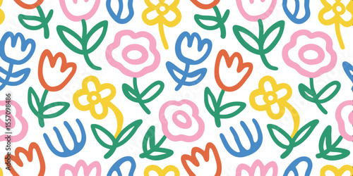 Floral Flourish: An artistic burst of colorful flowers, each uniquely shaped, dances across a bright, uncluttered canvas, exuding freshness and playful charm.