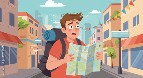Young man looking confused while holding a map on city street  