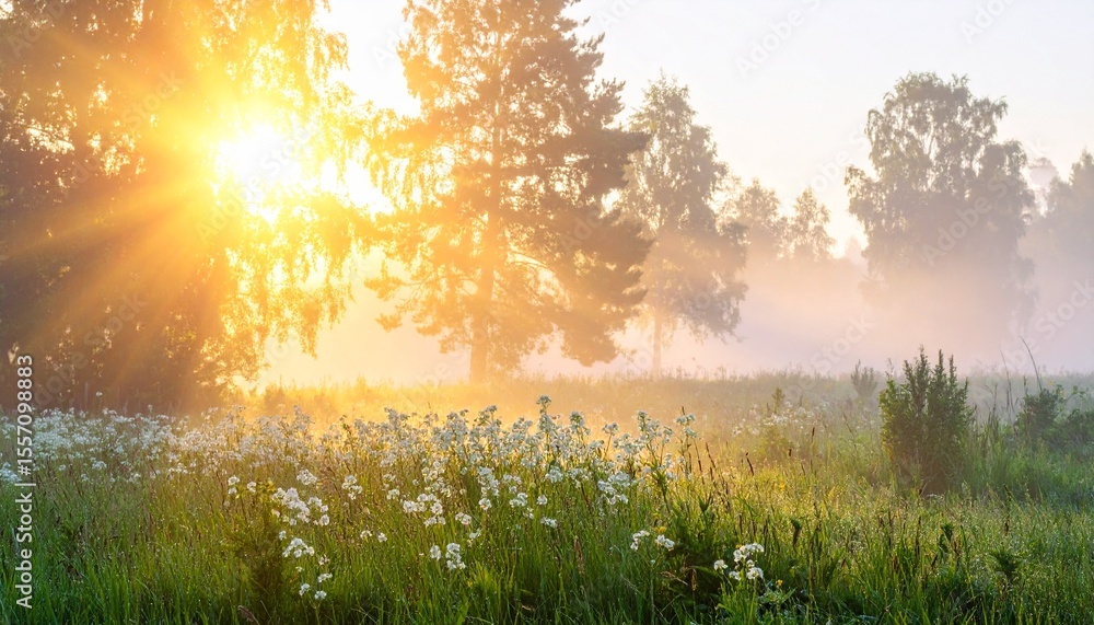 Obraz premium Sunrise Meadow Misty Morning in Nature's Embrace