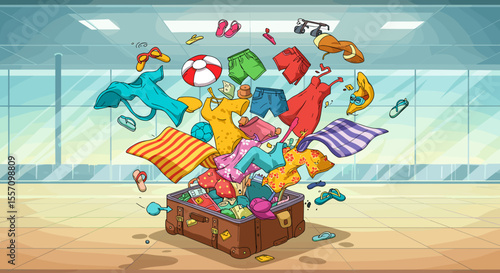Colorful summer travel suitcase overflowing with clothes and accessories  