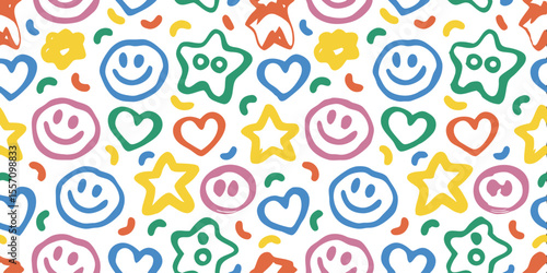 Cheerful Symbols Pattern: A vibrant and joyful design featuring a seamless pattern of colorful smiley faces, hearts, and stars.
