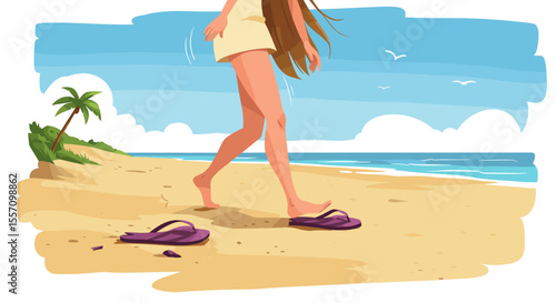 Young woman walking barefoot on sandy beach with flip-flops  