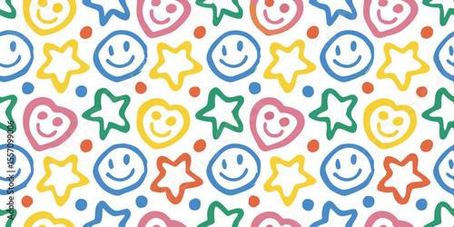Happy Smiley Pattern: A cheerful and playful seamless pattern featuring colorful smiley faces, stars, and hearts, perfect for adding a touch of fun and positivity to any design project.